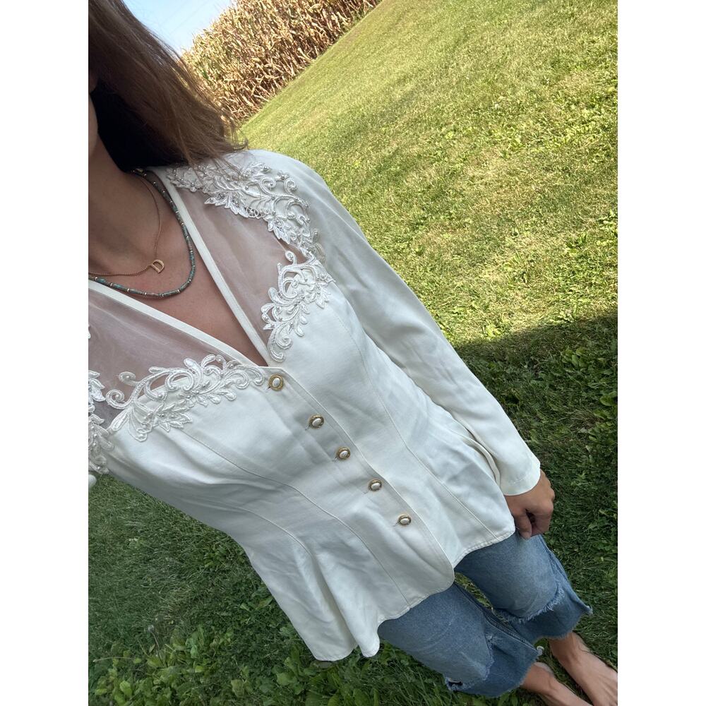 Vintage 80s Lace Sheer Embroidered Button Up, USA Made Size 12